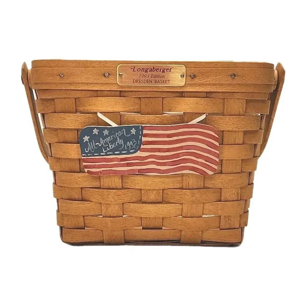 Longaberger Basket Dresden 1993 Edition w/Protector Flag Charm Woven Collectible